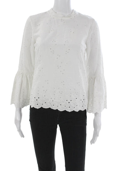 Ulla Johnson Womens Floral Mock Neck Long Sleeve Blouse White Zip Size 0