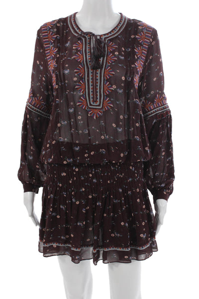 Ulla Johnson Women Mini Floral Silk Long Sleeve Dress Brown Size 0