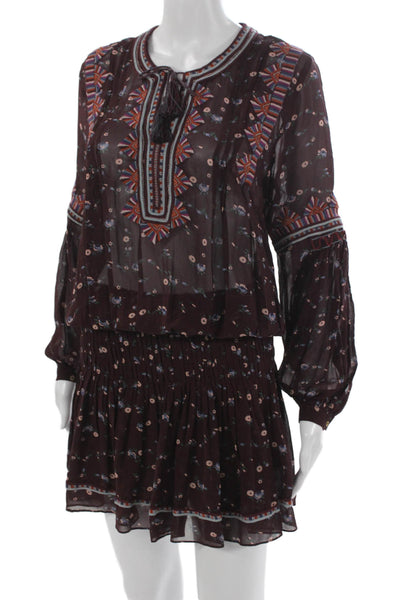 Ulla Johnson Women Mini Floral Silk Long Sleeve Dress Brown Size 0