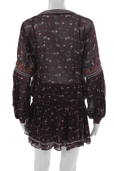Ulla Johnson Women Mini Floral Silk Long Sleeve Dress Brown Size 0