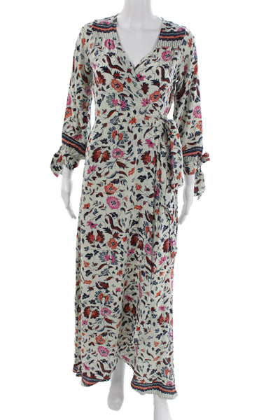 Natalie Martin Women Silk Floral V Neck Long Sleeve Wrap Dress Size XS