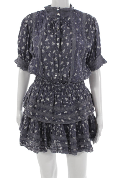 Love Shack Fancy Women Blue Floral Shirt Dress Cotton Collared Size S