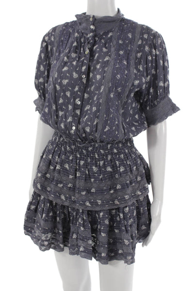 Love Shack Fancy Women Blue Floral Shirt Dress Cotton Collared Size S