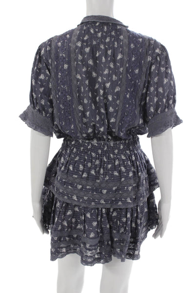 Love Shack Fancy Women Blue Floral Shirt Dress Cotton Collared Size S