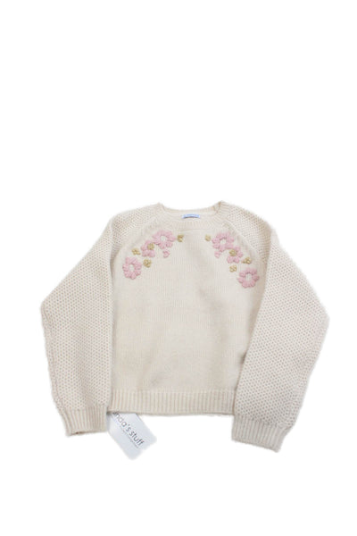 Mayoral Childrens Girls Floral Embroidered Sweater Beige Pink Size 7