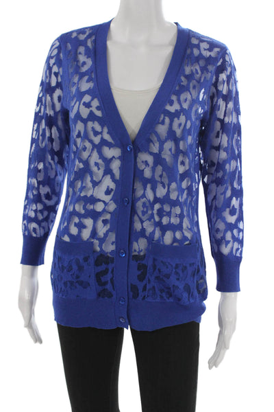 Magaschoni Womens Cardigan Blue Animal Print V-Neck Silk Cashmere Size S
