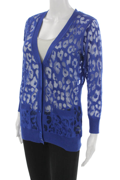 Magaschoni Womens Cardigan Blue Animal Print V-Neck Silk Cashmere Size S