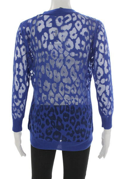 Magaschoni Womens Cardigan Blue Animal Print V-Neck Silk Cashmere Size S