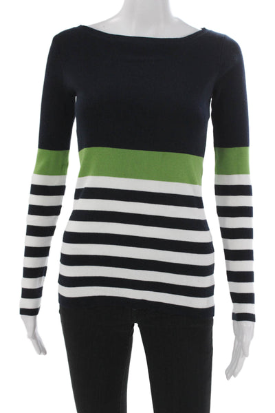 W by Worth Women Blue Striped Boat Neck Pullover Long Sleeve Petite Size S