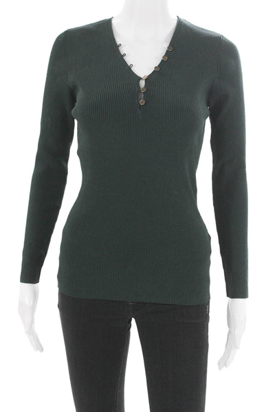 Sandro Women Basic V-Neck Long Sleeve Green T-Shirt Size 2