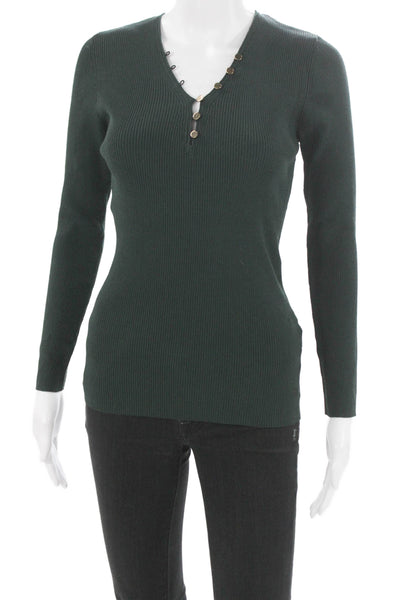 Sandro Women Basic V-Neck Long Sleeve Green T-Shirt Size 2