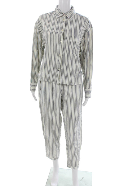 Felix Women Striped Collared Long Sleeve Cotton Outfit Set White Size One Size