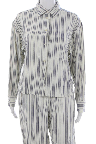 Felix Women Striped Collared Long Sleeve Cotton Outfit Set White Size One Size