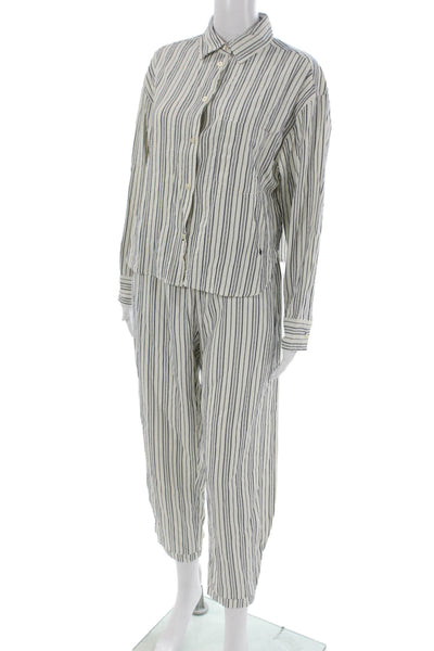Felix Women Striped Collared Long Sleeve Cotton Outfit Set White Size One Size