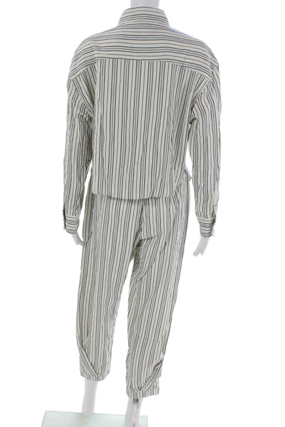 Felix Women Striped Collared Long Sleeve Cotton Outfit Set White Size One Size
