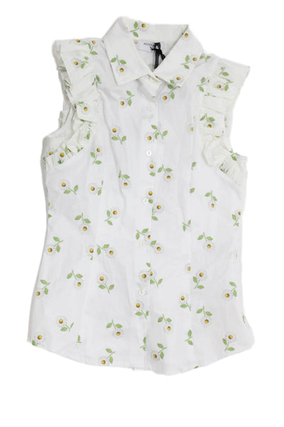 Monnalisa Girls Button Front Sleeveless Collared Floral Top White Green Size 10
