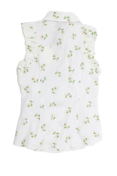 Monnalisa Girls Button Front Sleeveless Collared Floral Top White Green Size 10