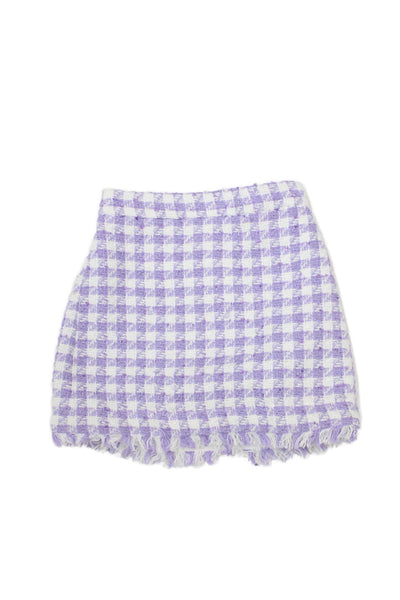 Monnalisa Girls Elastic Waistband Fringe Trim Tweed Skirt Purple White Size 6