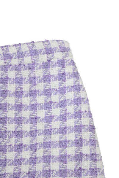 Monnalisa Girls Elastic Waistband Fringe Trim Tweed Skirt Purple White Size 6