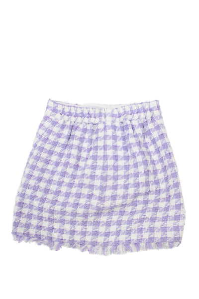 Monnalisa Girls Elastic Waistband Fringe Trim Tweed Skirt Purple White Size 6