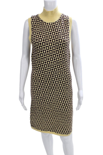 Zara Women Yellow Sweater Dress Turtleneck Sleeveless Geometric Knee Size M