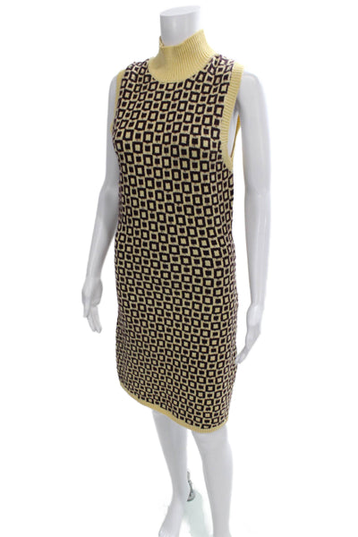 Zara Women Yellow Sweater Dress Turtleneck Sleeveless Geometric Knee Size M