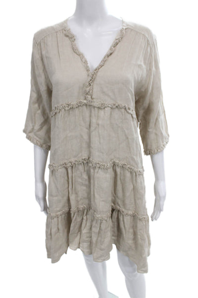 Trouvaille Womens Trapeze Swing Linen V-Neck Beige 3/4 Sleeve Dress Size M