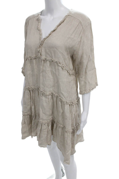 Trouvaille Womens Trapeze Swing Linen V-Neck Beige 3/4 Sleeve Dress Size M