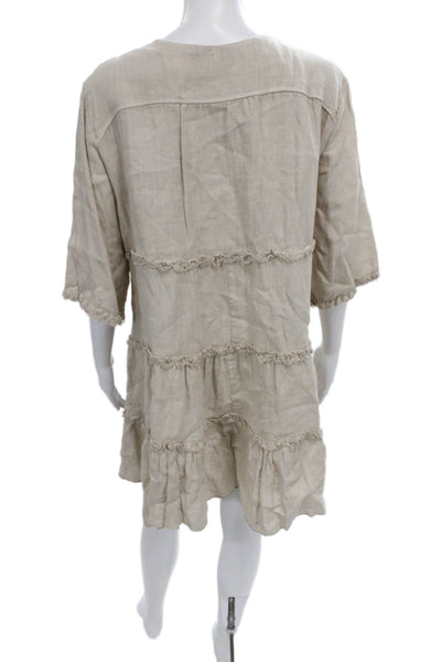 Trouvaille Womens Trapeze Swing Linen V-Neck Beige 3/4 Sleeve Dress Size M