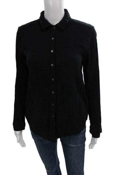 Xirena Womens Basic Collared Button Up Black Long Sleeve Cotton Top Size XS