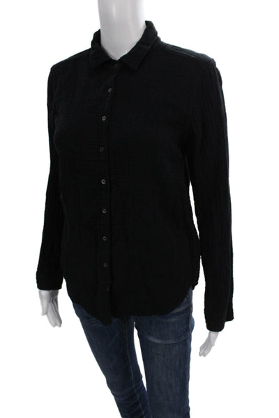 Xirena Womens Basic Collared Button Up Black Long Sleeve Cotton Top Size XS