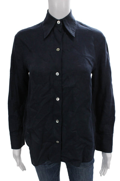 Vince Womens Basic Linen Collared Button Up Long Sleeve Blue Petites Size 2XS