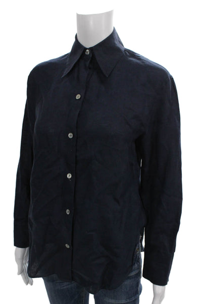 Vince Womens Basic Linen Collared Button Up Long Sleeve Blue Petites Size 2XS