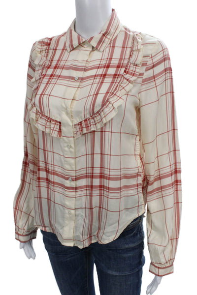 Frame Womens Tencel Plaid Collared Long Sleeve Button Up Off White Size XS