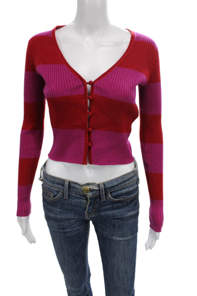 Rebecca Taylor Women Red Striped V-Neck Cardigan Wool Long-Sleeve Size XS