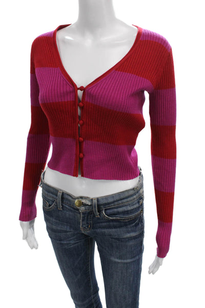 Rebecca Taylor Women Red Striped V-Neck Cardigan Wool Long-Sleeve Size XS