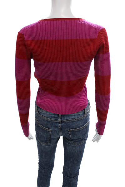 Rebecca Taylor Women Red Striped V-Neck Cardigan Wool Long-Sleeve Size XS