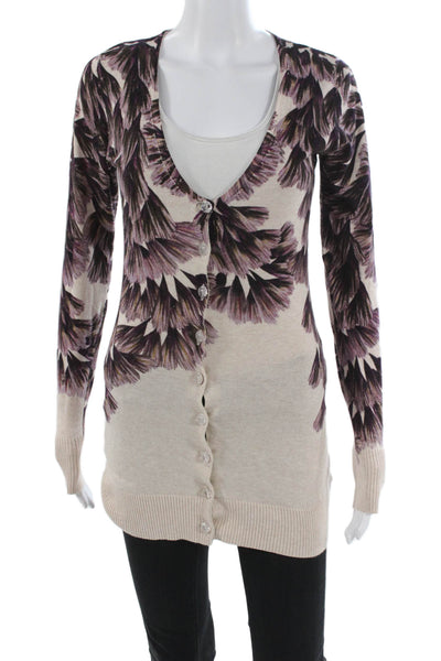 Charlotte Women Floral V-Neck Cotton Cardigan Long Sleeve Beige Size S