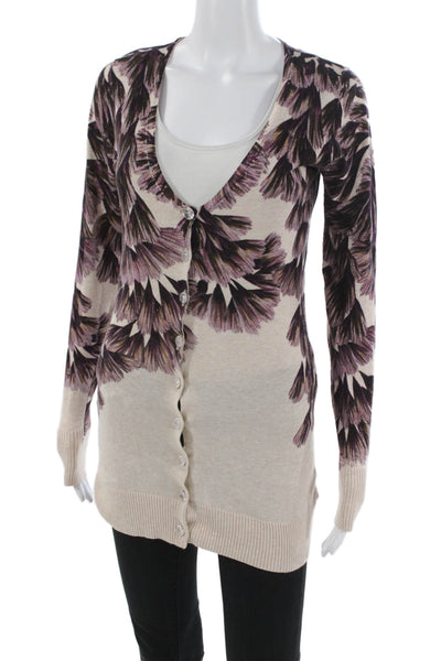 Charlotte Women Floral V-Neck Cotton Cardigan Long Sleeve Beige Size S