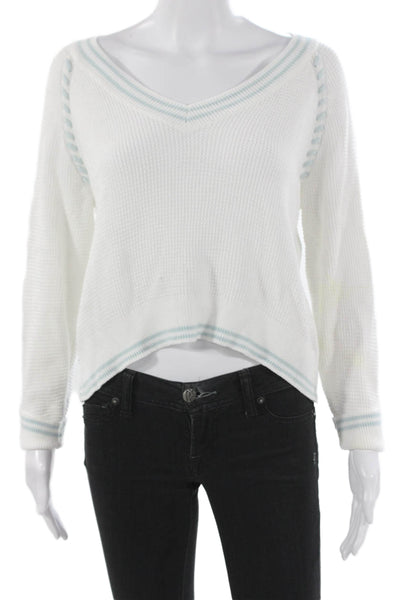 Central Park West Women Striped V-Neck Sweater Cotton Blend Long Sleeve Size S