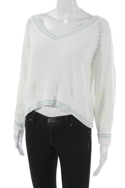 Central Park West Women Striped V-Neck Sweater Cotton Blend Long Sleeve Size S