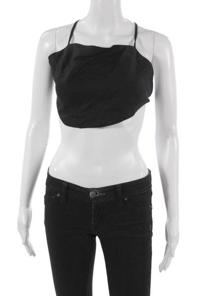 Hevron Women Cropped Halter Tank Black Linen Sleeveless Summer Size S
