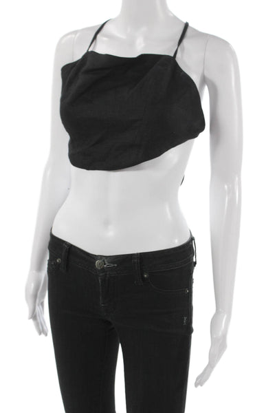 Hevron Women Cropped Halter Tank Black Linen Sleeveless Summer Size S