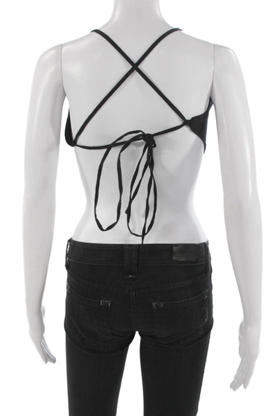 Hevron Women Cropped Halter Tank Black Linen Sleeveless Summer Size S