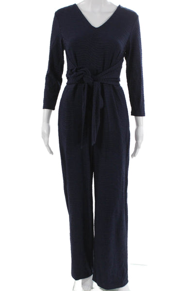 J Mclaughlin Women Jumpsuit Blue Geometric VNeck 3/4 Sleeve Zip Polyamid Size S
