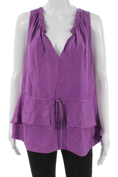 Rebecca Taylor Women Tunic Purple Silk V-Neck Sleeveless Polka Dot Size 12