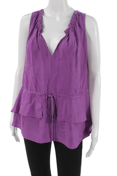 Rebecca Taylor Women Tunic Purple Silk V-Neck Sleeveless Polka Dot Size 12