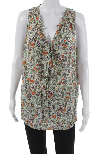 Rebecca Taylor Womens Sleeveless V-Neck Floral Silk Tunic Blouse Beige Size S