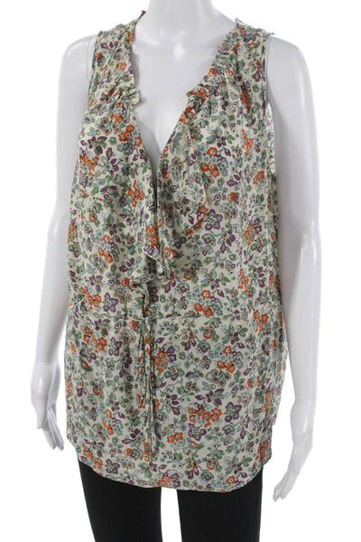 Rebecca Taylor Womens Sleeveless V-Neck Floral Silk Tunic Blouse Beige Size S