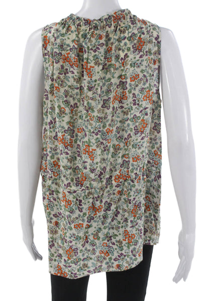 Rebecca Taylor Womens Sleeveless V-Neck Floral Silk Tunic Blouse Beige Size S